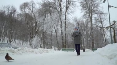Yetişkin kadın kış Park'ta yürüyordunuz