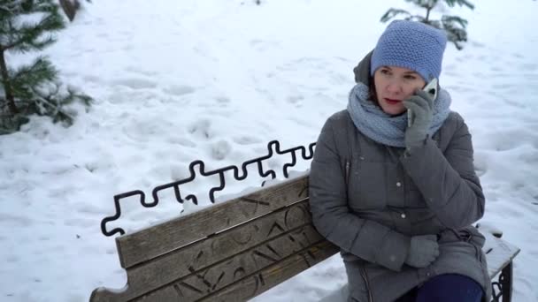 Yetişkin kadın kış Park telefonda söz — Stok video