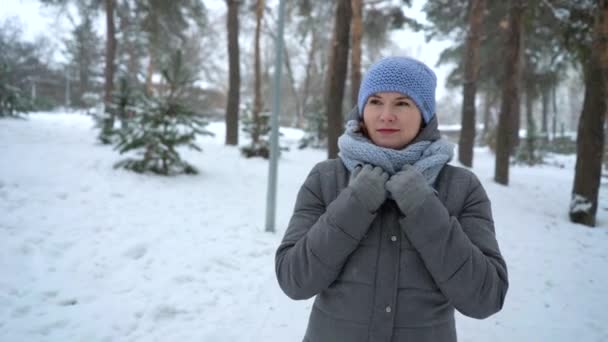 Ευτυχισμένη ενήλικη γυναίκα το περπάτημα σε χειμερινό πάρκο — Αρχείο Βίντεο