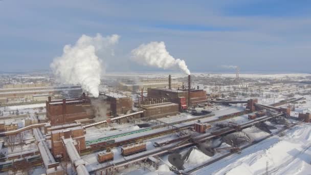 Smoke from factory chimneys pollute air aerial view — Stock Video