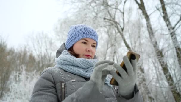 Χαμογελαστή γυναίκα ανάγνωση μηνυμάτων στο τηλέφωνο στο χειμερινό πάρκο — Αρχείο Βίντεο