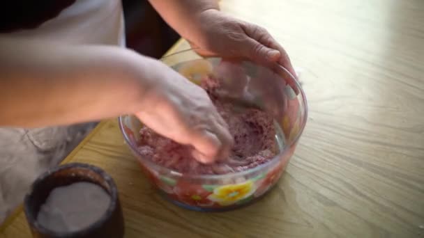 Gros plan de main de femme âgée mélangeant la viande hachée et ajoutant du sel — Video