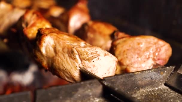 Närbild av rostning kött på spett på kolgrill — Stockvideo