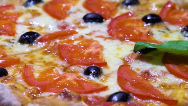 Decorare la pizza appena sfornata con foglie di basilico — Video Stock