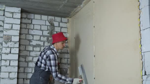 Szabad hely folyamat helyszínen felújítás vakolás — Stock videók