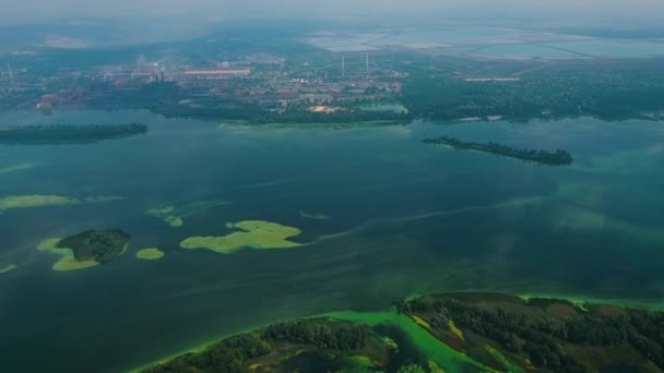 Антенна широкой речной поверхности, покрытая зелеными водорослями вблизи промышленной зоны — стоковое видео