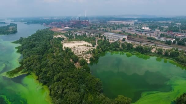 Vista aerea dell'inquinamento delle acque con alghe verdi vicino alla zona industriale — Video Stock