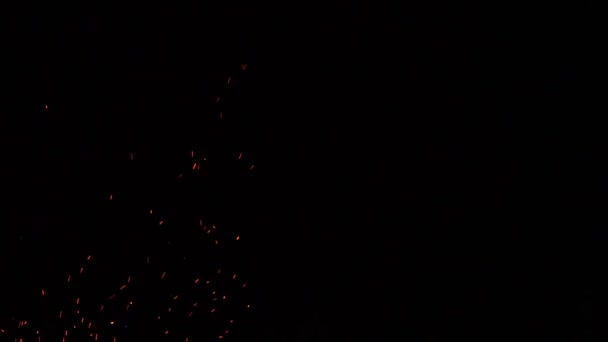 Feuerfunken fliegen auf und Schneeflocken fallen im Scheinwerferlicht am Nachthimmel — Stockvideo
