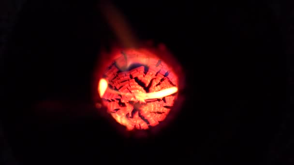 Closeup of burning wood log at night in slow motion — Stock Video