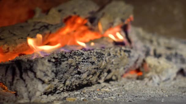 Tűzlángok közelsége az égő fatönkökön lassított felvételen — Stock videók
