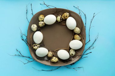 yumurta ve dallar üzerinde mavi arka plan izole düz yatıyordu Paskalya kompozisyonu