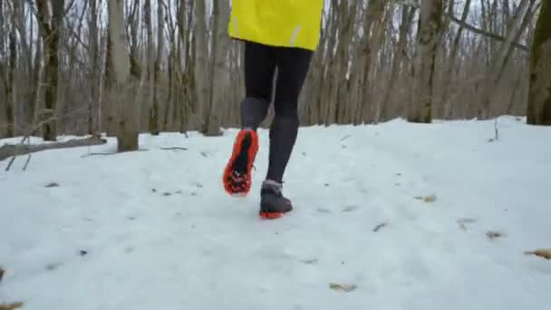 Tracking shot of sports man legs running on snow path in winter forest — Stock Video