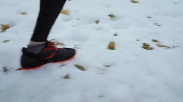 Tiro bajo de los pies del hombre de los deportes que corren en el camino de la nieve en bosque de invierno — Vídeos de Stock