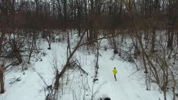 Tiro aéreo de corredor masculino em casaco amarelo subindo a colina na floresta de inverno — Vídeo de Stock