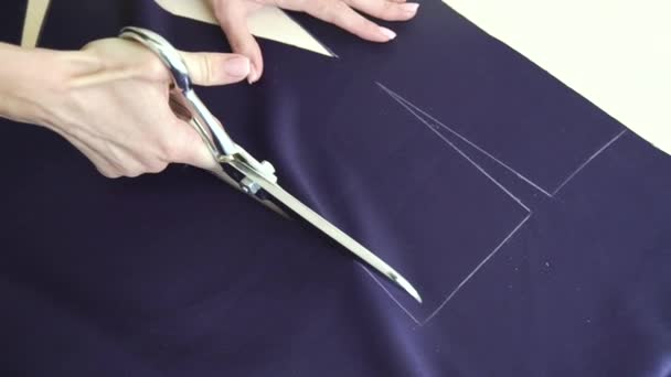 Primer plano de las manos de mujer joven corte de tela con tijeras — Vídeo de stock