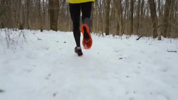 Sledování zastřelených nohou mužských běžců na sněhu v zimním lese — Stock video