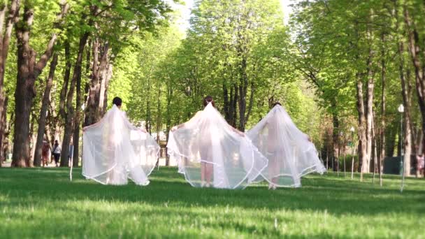 Tänzerinnen in sexy Kostümen und Brautschleiern tanzen im grünen Park — Stockvideo