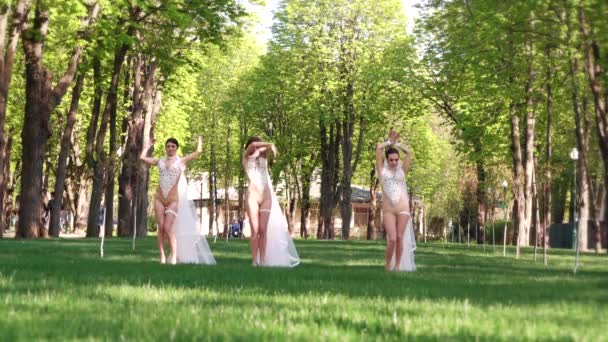 Groupe de danseuses en costumes sexy et voiles de mariée effectuer dans le parc de la ville — Video