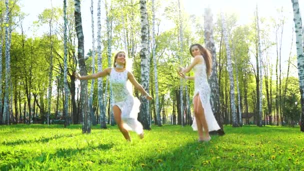 Mujeres en trajes sexy danza en abedul arboleda con efecto de bengala lente — Vídeo de stock
