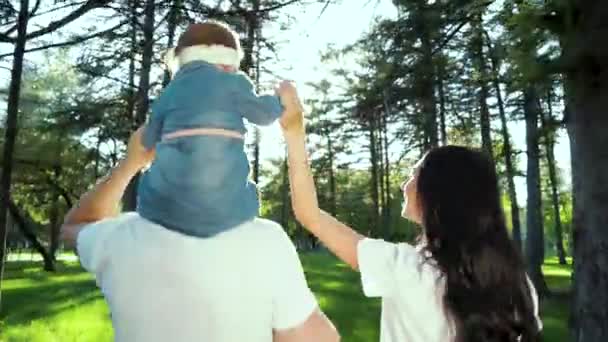 Back shot della famiglia tradizionale con bambina che passeggia nel parco soleggiato — Video Stock