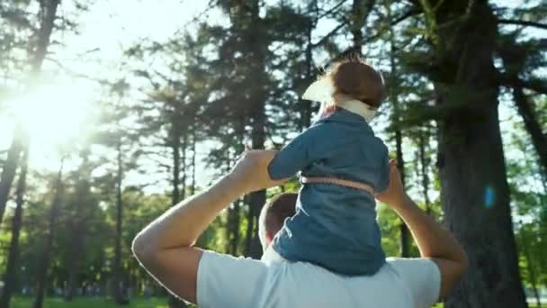 Back view of father playing with his baby girl on shoulders in park lens flare — Stock Video