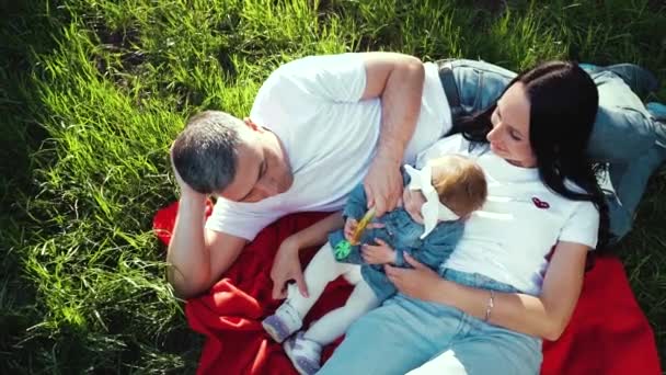 Камера, що обертається над сім'єю з дитиною, розслабляється на ковдрі в літньому саду — стокове відео