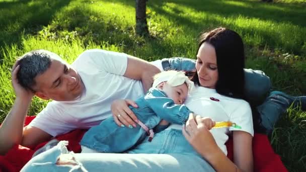 Liebevolle Eltern mit kleiner Tochter ruhen sich auf Decke auf grünem Gras im sonnigen Park aus — Stockvideo