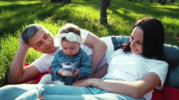 Aranyos kislány körül a szülők pihentető zöld fű a nyári parkban — Stock videók