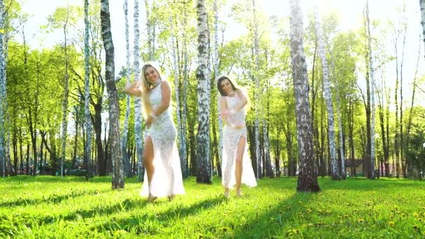 Sluneční svit na dvou mladých ženách v smyslových šatech tančících v břízy Grove — Stock video