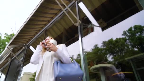 Angolo basso di bella donna d'affari parlando su smartphone sulla pausa caffè al di fuori — Video Stock