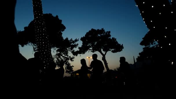 Silhouettes de personnes passant l'été coucher de soleil dans un parc urbain décoré de lumières — Video