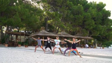 Baska Voda, Hırvatistan - 12 Haziran 2019: Çakıl plajında yoga asana yapan lar