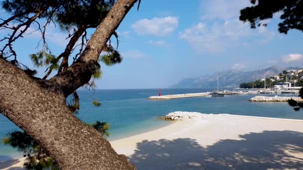 Arka planda tatil kasabası ve dağ ile Adriyatik deniz kıyısında panoramik çekim — Stok video