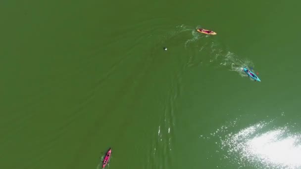 Воздушная верхушка гребцов на красочных каяках в обход буя на водной гонке — стоковое видео
