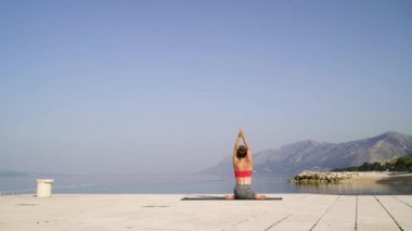 arka planda dağlar ile deniz kenarında yoga asana oturan kadının arka görünümü
