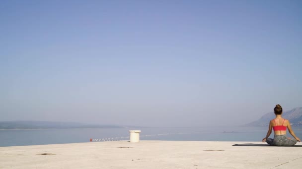 Vista panorâmica para trás da mulher ioga meditando em pose de lótus à beira-mar — Vídeo de Stock