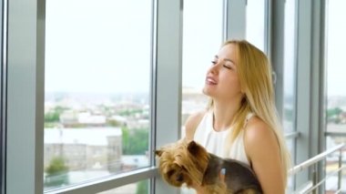 küçük sevimli Yorkshire terrier köpek yavrusu ile uzun sarı saçlı güzel kadın