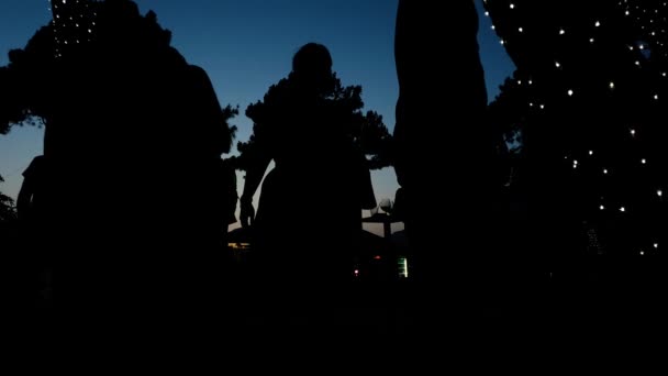 Siluetas de personas en la feria de la cerveza al atardecer en el parque urbano en cámara lenta — Vídeos de Stock