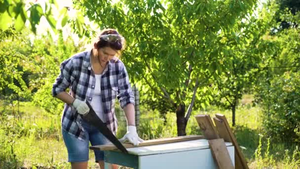 Artisanat femme dans des gants de protection sciage planche de bois dans le jardin ensoleillé — Video