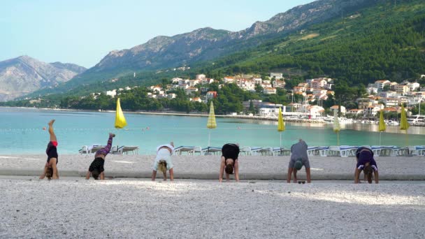 人々のグループは、午前中に素晴らしいアドリア海の海辺でヨガを練習します — ストック動画