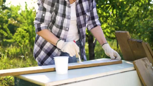 Cropped shot of crafts woman painting wooden plank with white paint in garden — Stock Video