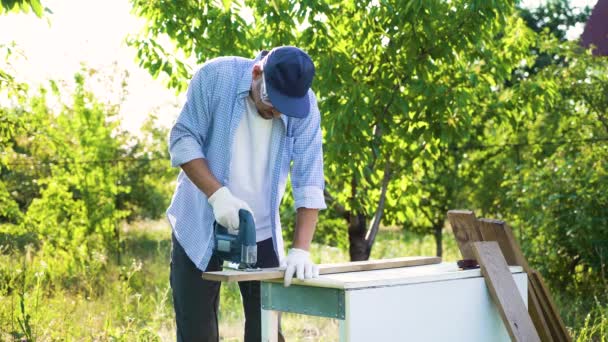 Menuisier dans des verres de protection découpe planche de bois avec scie sauteuse électrique — Video