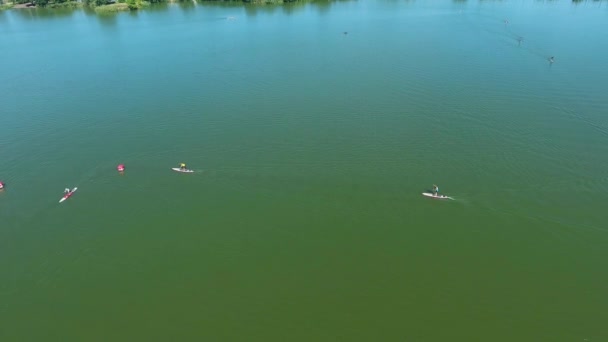 Aérea de SUP paddleboarders bypass boya en río verde — Vídeos de Stock