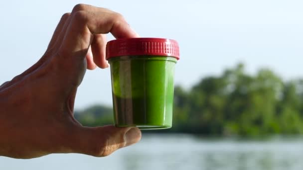 Closeup male hand holding and stirring container with green algae near river — Stock Video