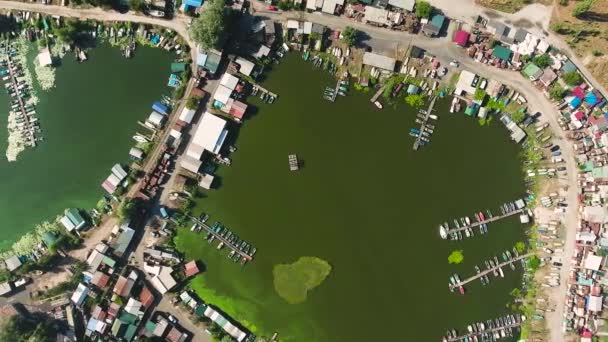 Aerea dall'alto verso il basso delle rive del fiume nel villaggio di pescatori con alghe verdi in acqua — Video Stock