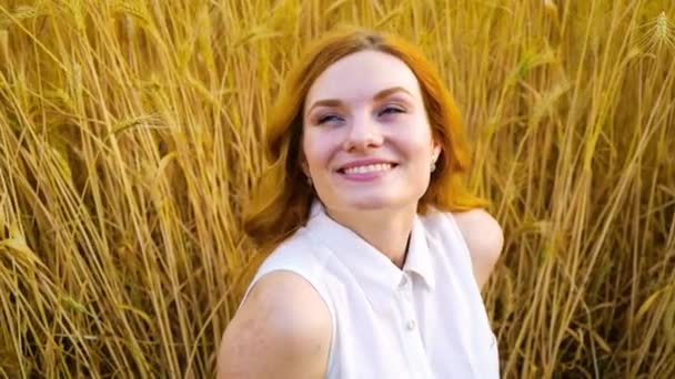 Портрет щасливої рудої волохатої жінки, яка дивиться в небо, сидячи на пшеничному полі — стокове відео