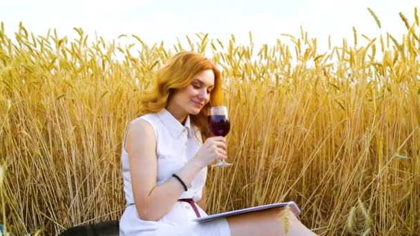 Romantica giovane donna dai capelli rossi che beve vino al picnic nel campo di grano — Video Stock