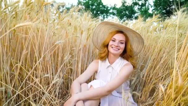 Zoom in of young romantic red haired woman smiling at camera in wheat field — Stockvideo