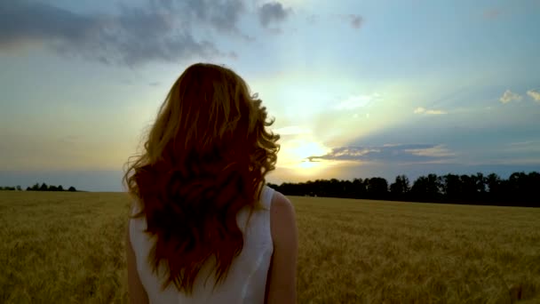 Vista panorámica de la mujer mirando la luz del sol rompiendo las nubes al atardecer — Vídeos de Stock