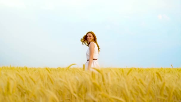 Giovane donna dai capelli rossi giocosi sorridente alla macchina fotografica e si nasconde nel campo di grano — Video Stock